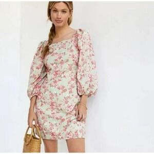 Anthropologie Forever That Girl Floral Balloon‎ Sleeve Mini Dress Green Size XL